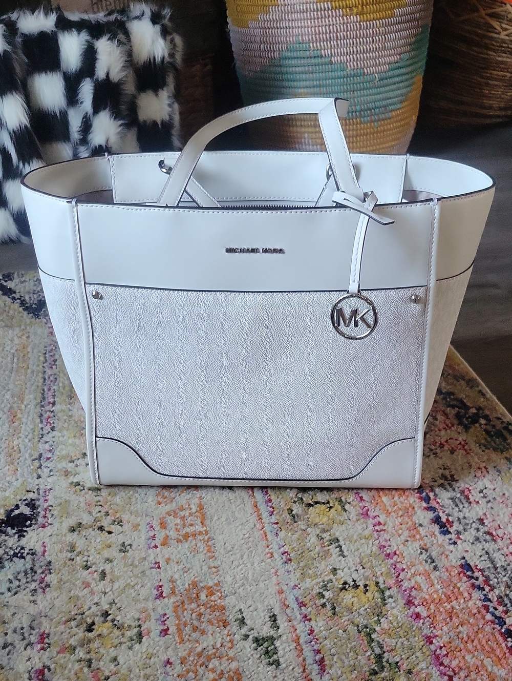 Michael Kors White Leather Tote with Signature MK Charm